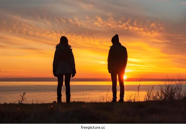 Silhouette of Two People Watching Sunset Over Ocean