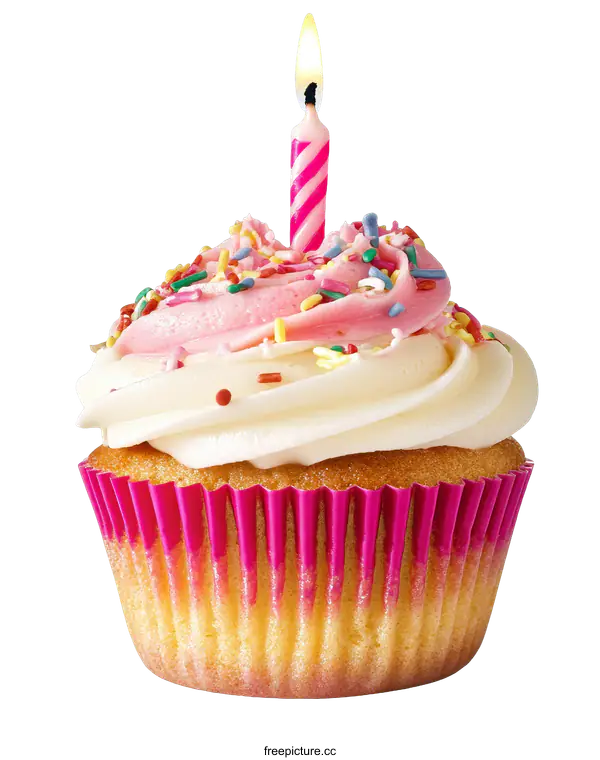 [Transparent Background PNG]Delicious Pink and White Birthday Cupcake with Candle