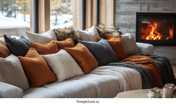 Cozy Living Room with Colorful Cushions and a Fireplace