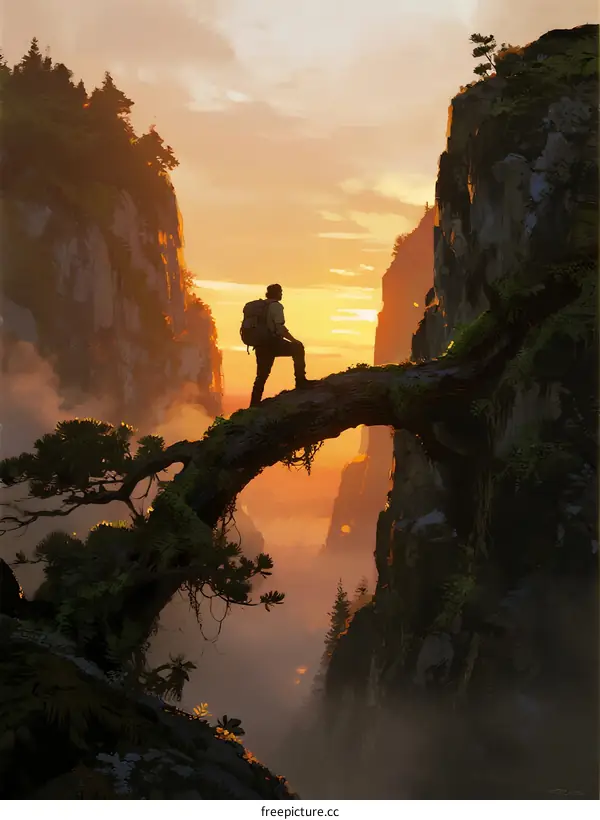 Silhouette of a Hiker Standing on a Tree Branch Over a Deep Valley at Sunset