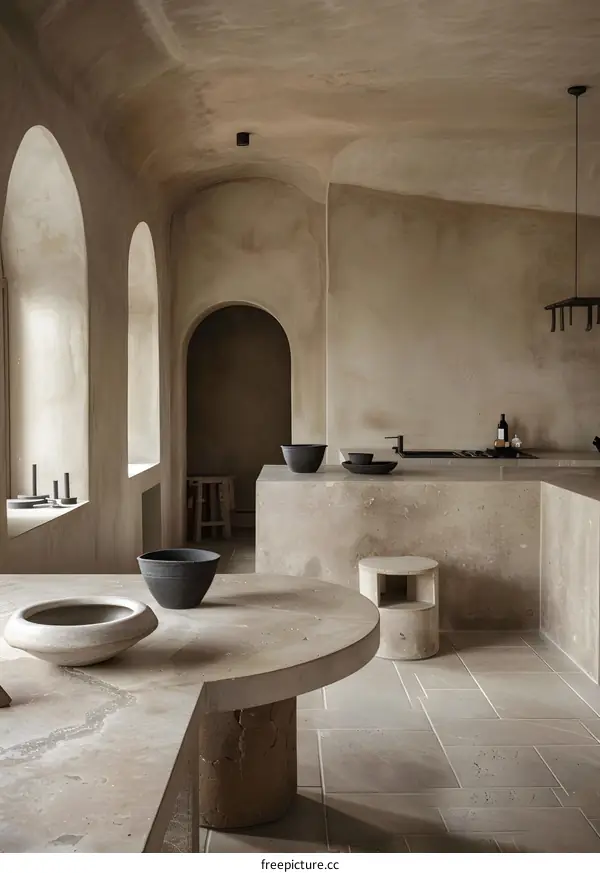Modern Minimalist Kitchen Interior Design with Arched Windows and Stone Details
