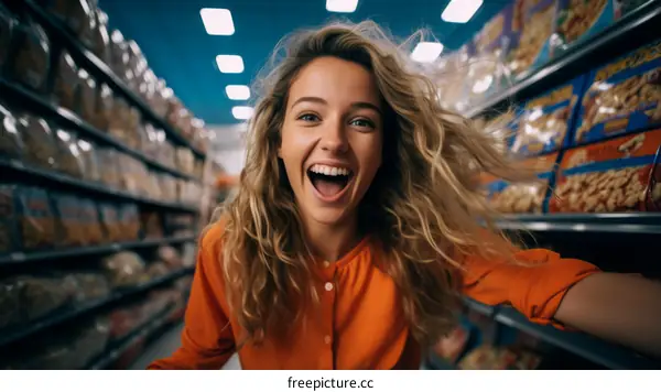 Happy woman with curly hair shopping in a grocery store