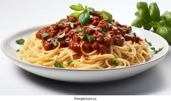 A plate of spaghetti with tomato sauce and basil