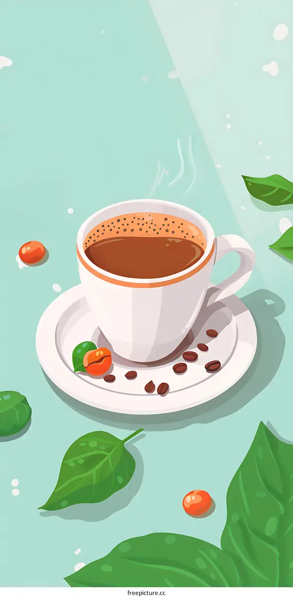 Coffee Cup With Leaves and Beans Illustration