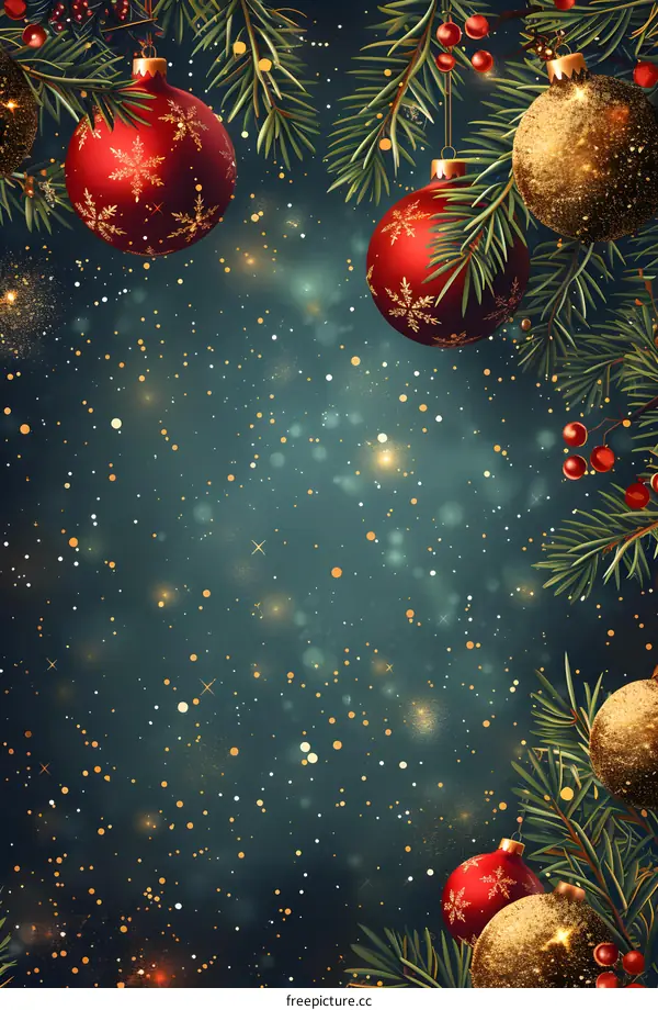 Christmas background with hanging ornaments and fir branches