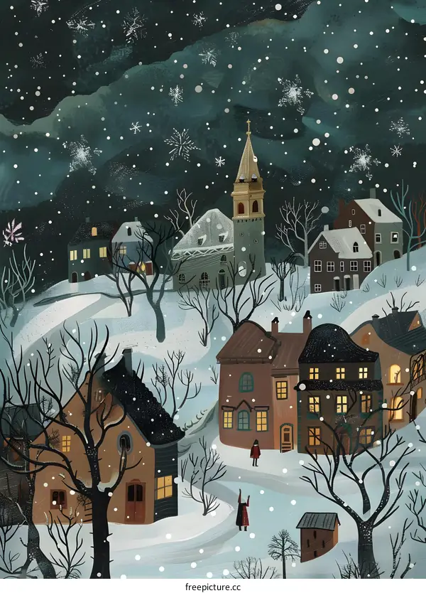 Snowy Winter Village Illustration