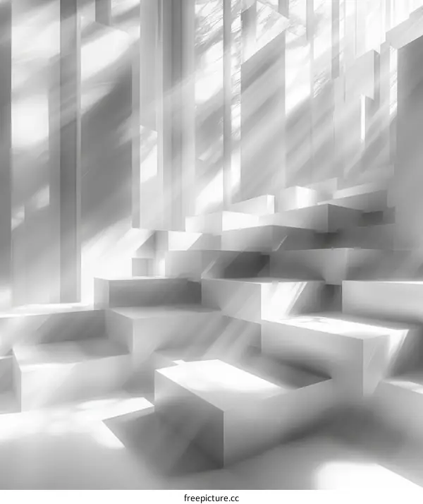 Abstract White Geometric Structure with Stairs and Light Rays