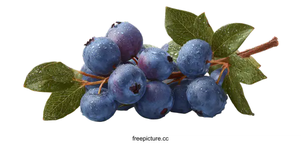 [Transparent Background PNG]Fresh Blueberries with Leaves on White Background