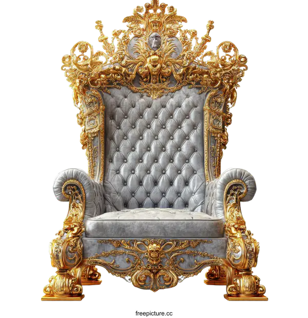 [Transparent Background PNG]Ornate Gold and Grey Throne Chair Illustration