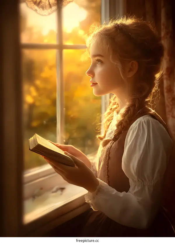 Young Girl Reading by Window in Warm Sunset Light