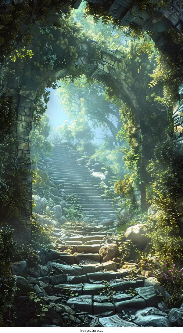 Mystical Stone Staircase Leading Through Lush Overgrown Ruins