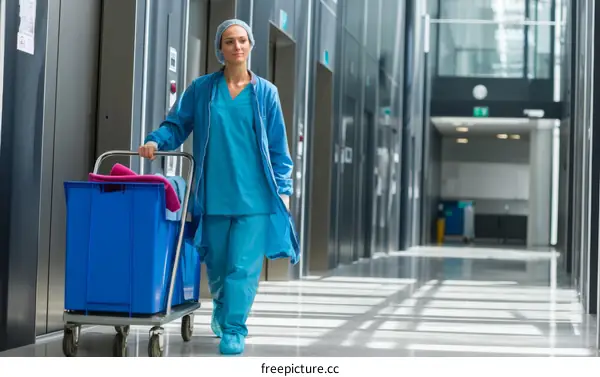 Hospital Staff Member Pushing a Cart in a Modern Corridor
