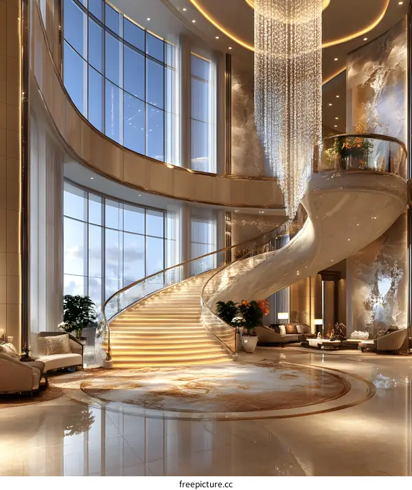 Modern Interior Design with Glass Staircase and Crystal Chandelier