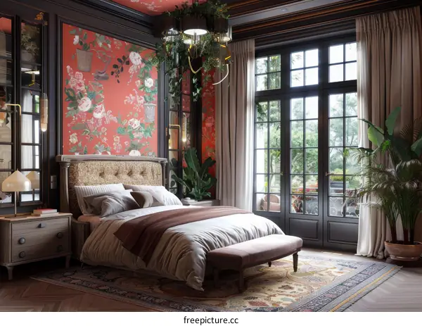 Elegant Vintage Bedroom with Floral Wallpaper