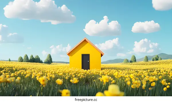 Yellow House in a Field of Flowers