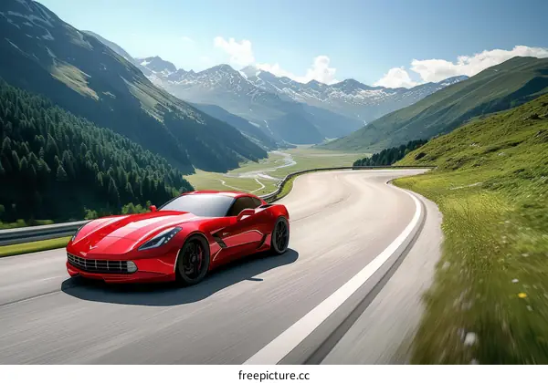Red sports car on an asphalt road in the mountains