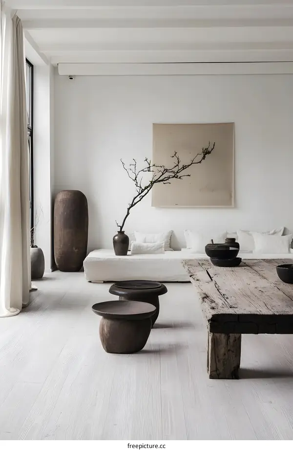 Minimalist Living Room Interior Design with Wooden Furniture and a Single Branch in a Vase