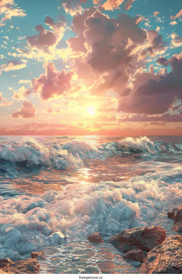 Peaceful Ocean Sunset Landscape With Golden Sky And Clouds