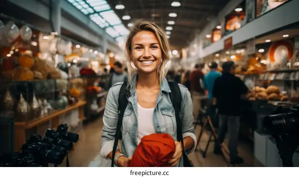 Portrait of a young blonde woman smiling in a market