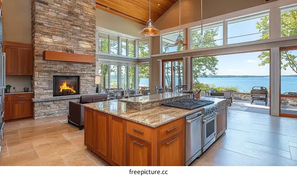 Modern Lakefront Kitchen with Fireplace