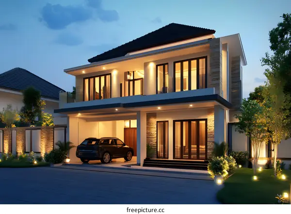 Modern Two Story House Exterior Design with Car in Garage