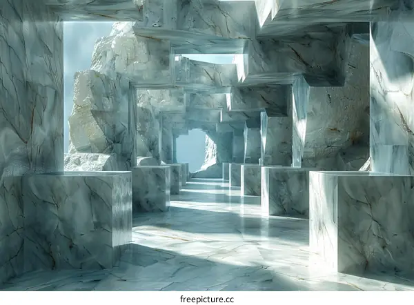 Surreal White Marble Structure with Bright Light Pouring Down from Above
