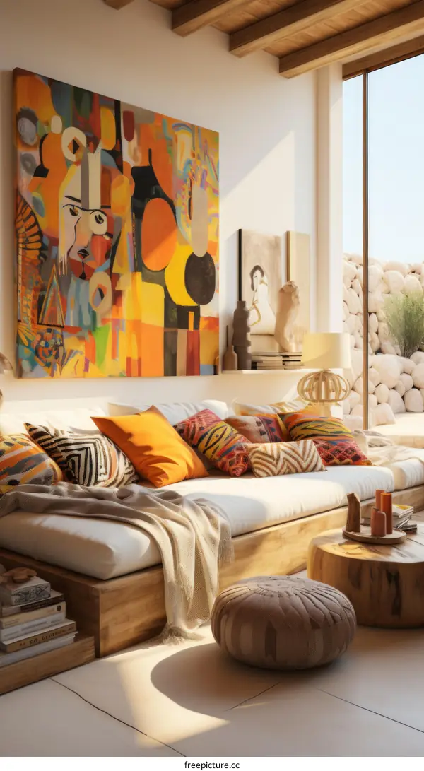 Modern living room interior with abstract painting, sofa, pillows and coffee table
