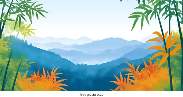 Blue Mountain Landscape with Bamboo and Orange Plants