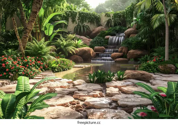 Tropical Rainforest Garden Design with Waterfall and Pond