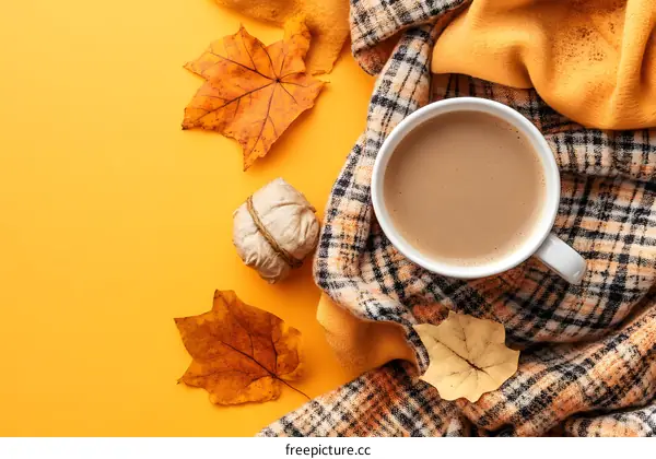 Autumn Cozy Coffee With Plaid Blanket and Leaves