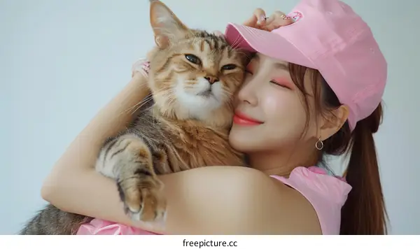 A young woman in a pink cap is hugging a cat