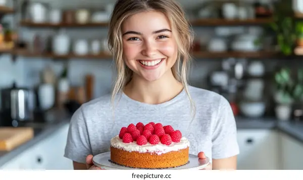 Woman Holding Cake with Raspberries