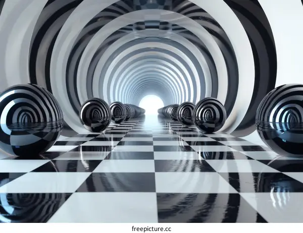 Black and white striped tunnel with spheres