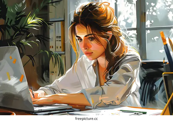 A thoughtful young woman is working on her laptop in a home office.