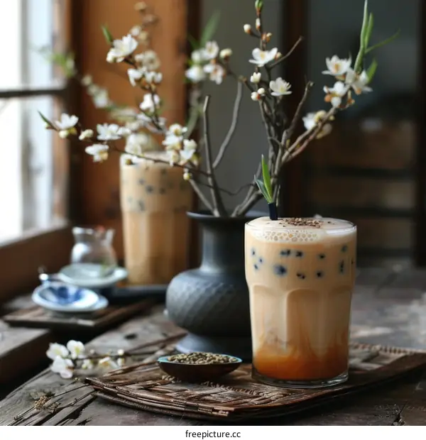 Iced coffee with milk and tapioca pearls