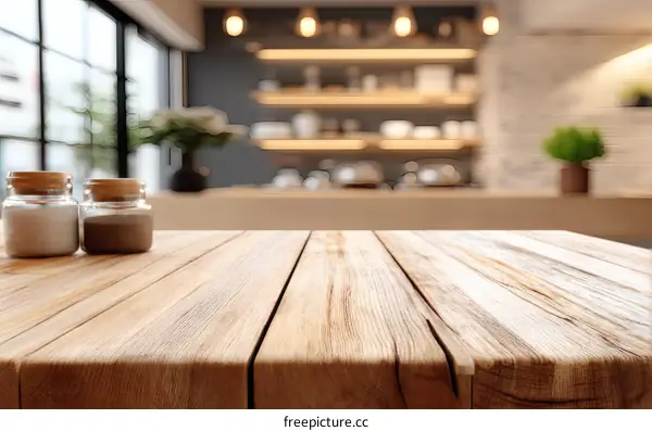 Empty Wooden Tabletop in a Blurred Kitchen Background