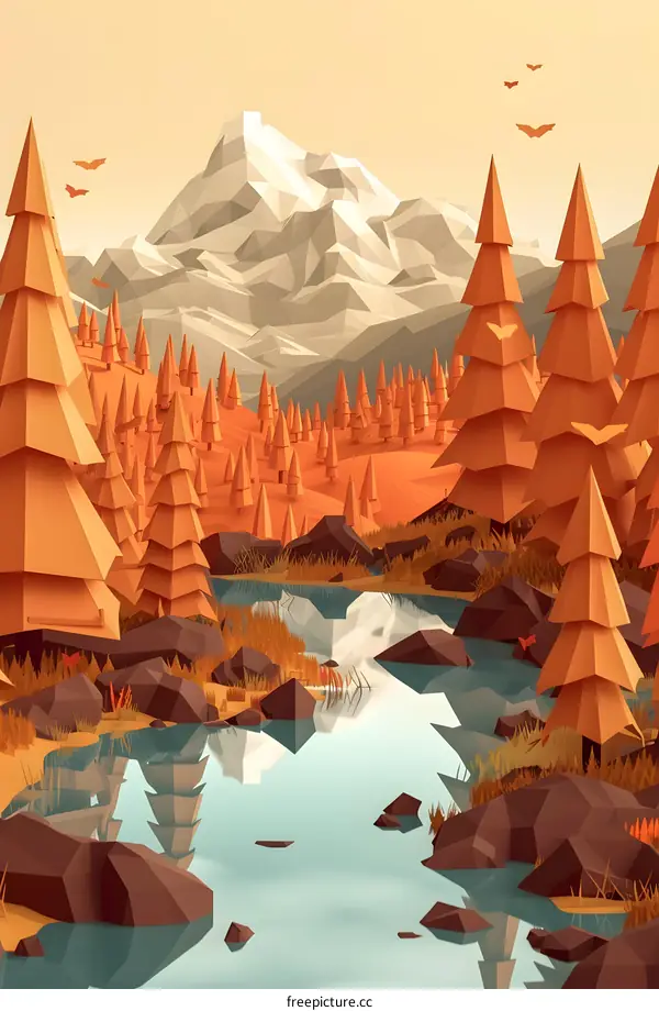 Low Poly Forest Landscape With Mountains And River