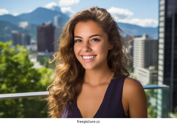 portrait of a beautiful young woman with long brown hair smiling wearing a purple dress standing on a balcony with a city view in the background