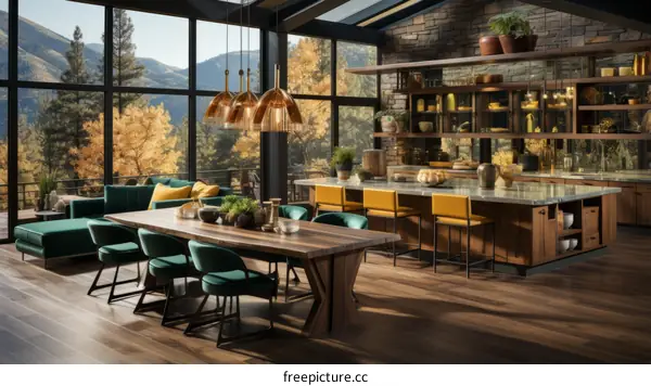 Modern Kitchen and Dining Room with Mountain Views
