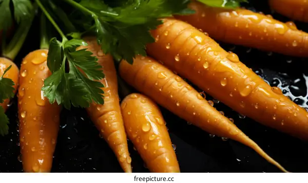 Fresh Carrots with Water Drops Close Up
