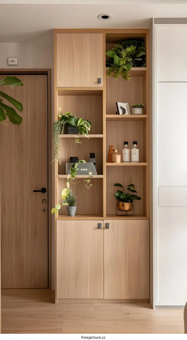 Wooden Shelf With Plants And Decor