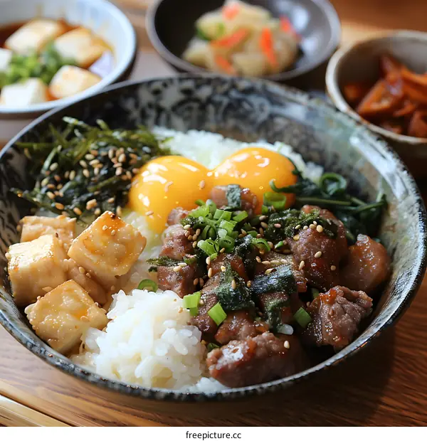 Japanese Style Beef Rice Bowl with Tofu, Seaweed, and Eggs