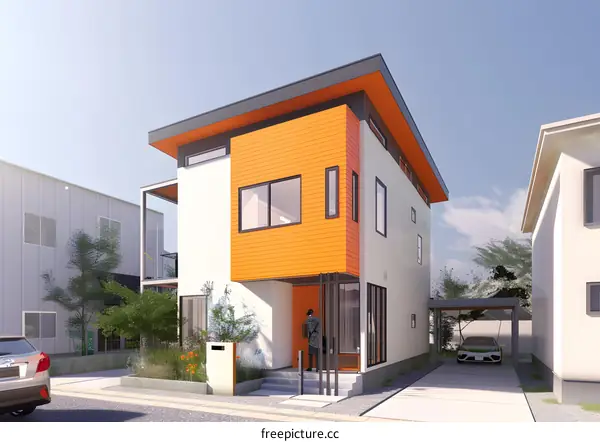 Modern Orange and White Two Story House Design