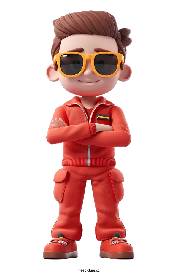 [Transparent Background PNG]Cartoon Illustration of a Boy Wearing Red Jumpsuit and Sunglasses