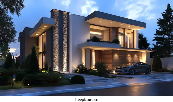 Modern House Exterior Design with Stone Wall and Car