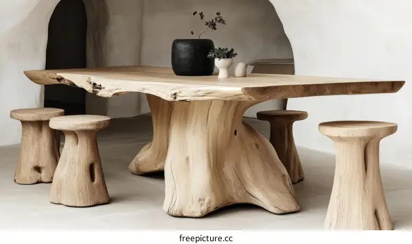 Unique Wooden Table and Stools Crafted from a Single Log