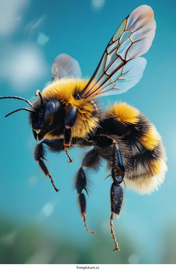 A bee is flying in the sky