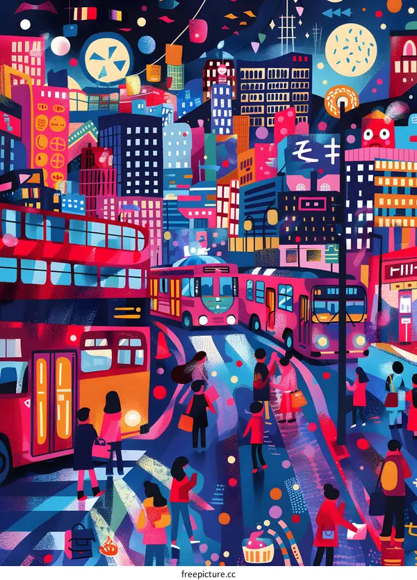 Colorful Cityscape Illustration with People and Buses