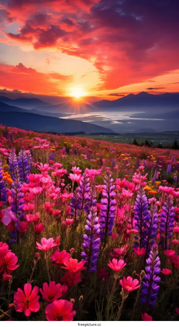 Field of Flowers with Distant Mountains at Sunset