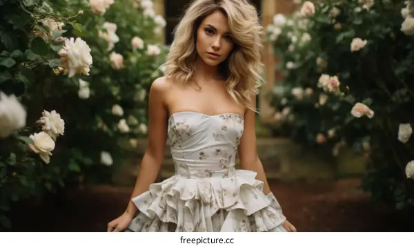 A woman in a white dress standing in a garden